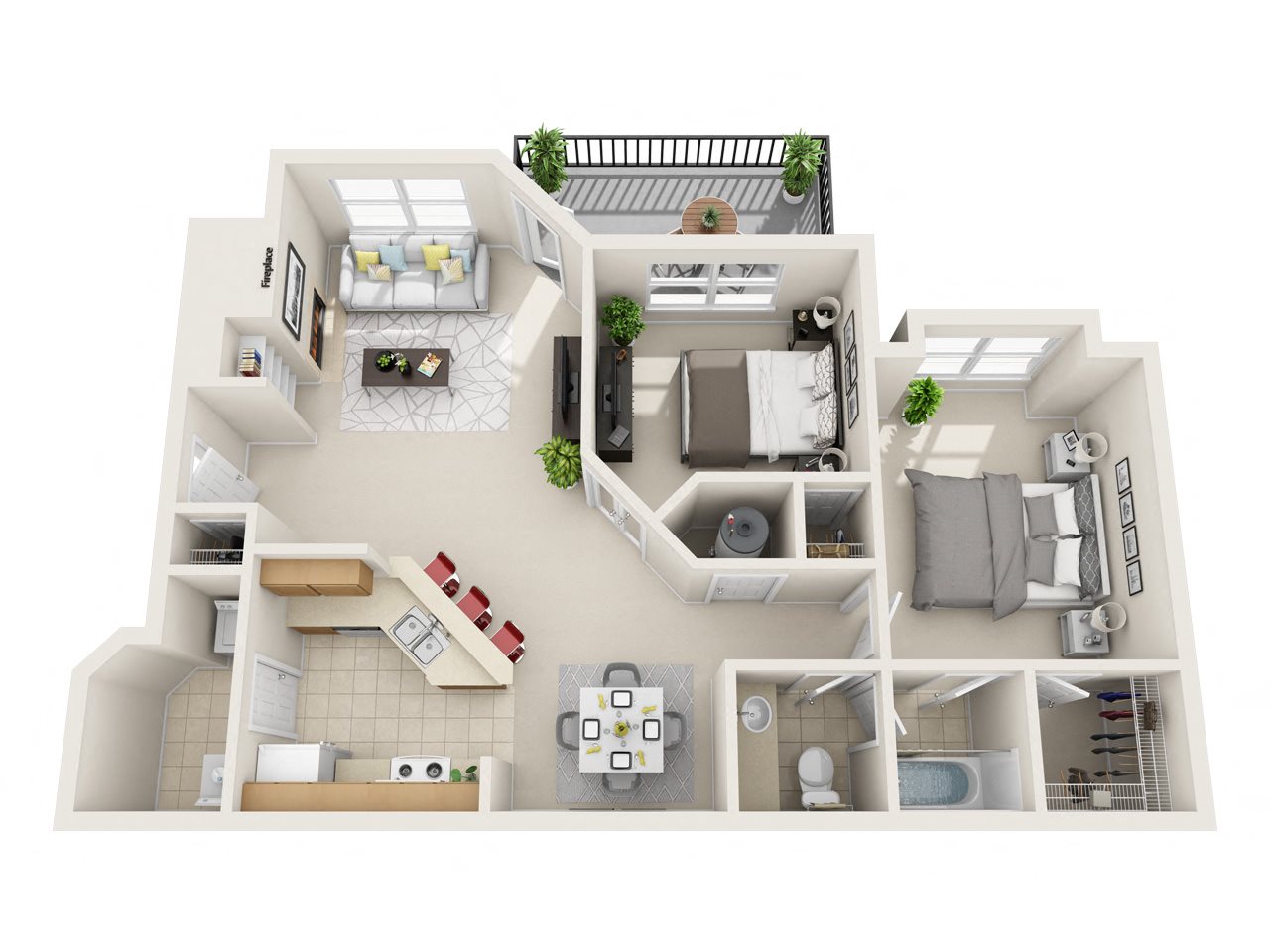 A 3D floor plan of a house with multiple rooms and furniture.